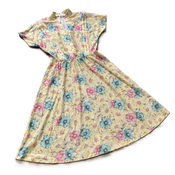 D'Allaird's Yellow Midi Dress Floral Print Short Sleeves Vintage 80s - Picture 3 of 8